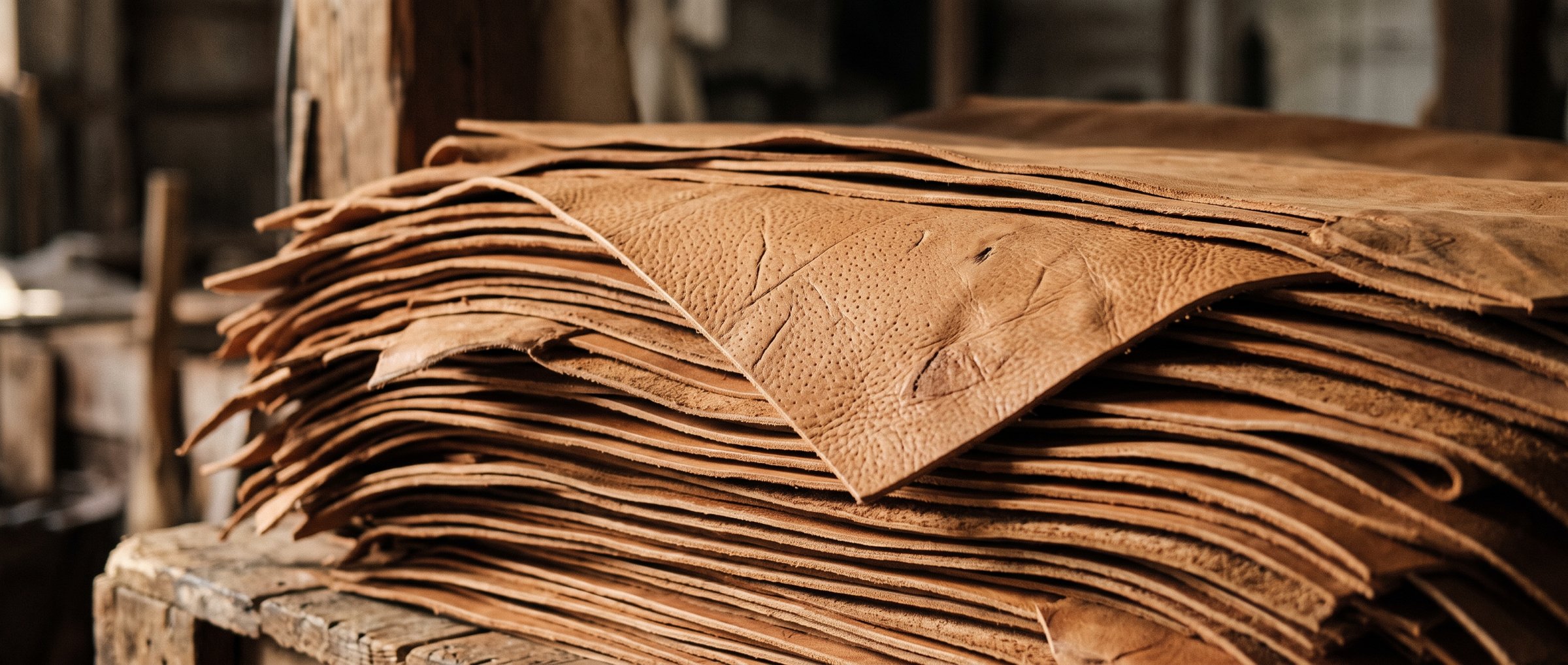 Stack of tanned hides on a workbench in raking light